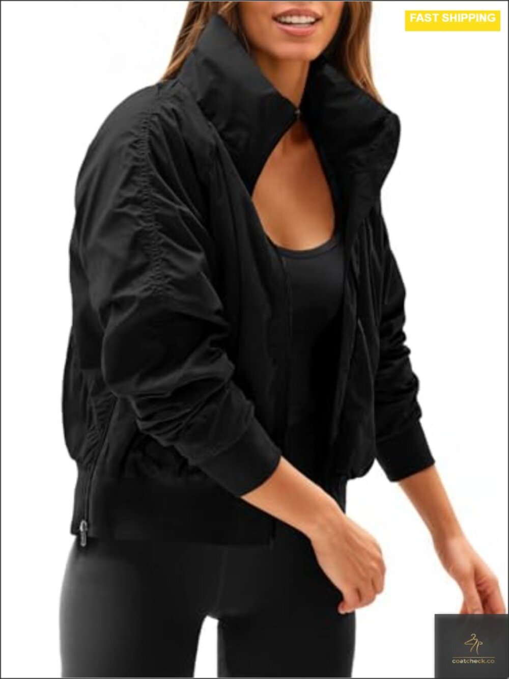 Women's Cropped Windbreaker Jacket Zip Up Long Sleeve with Hidden Hood and
